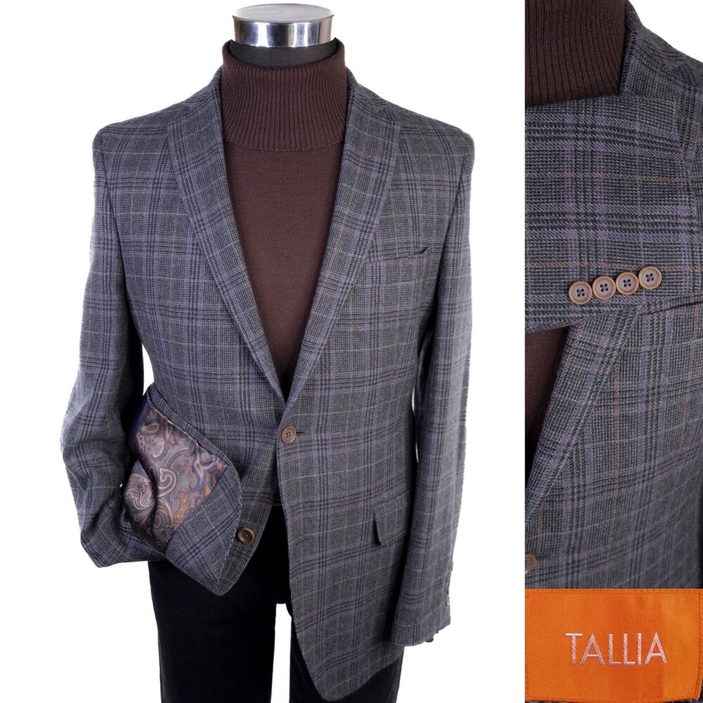Tallia Sport Coat Blazer Sz 40R Gray/Purple Plaid Wool 2-Button Casual Jacket